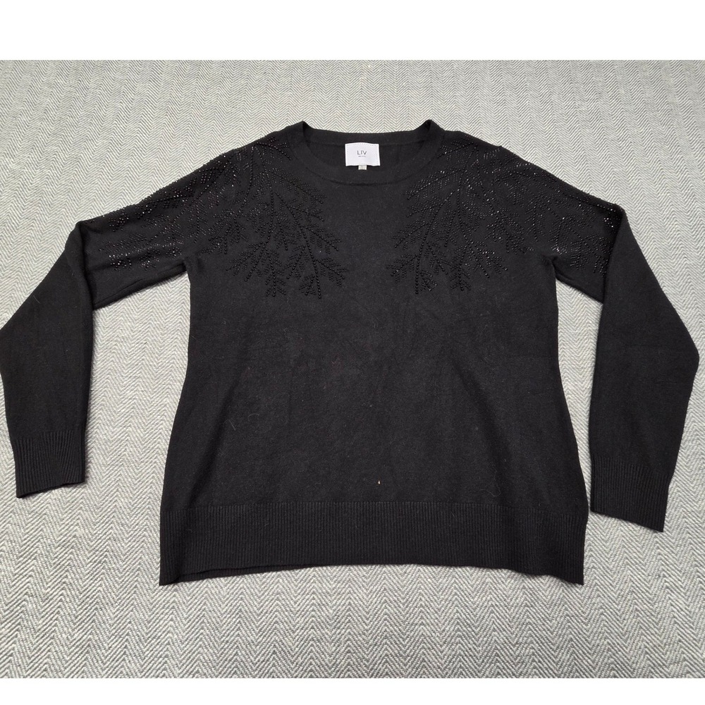 LIV Milano Black Beaded Embellished Crewneck Knit Sweater Womens Large‎ L